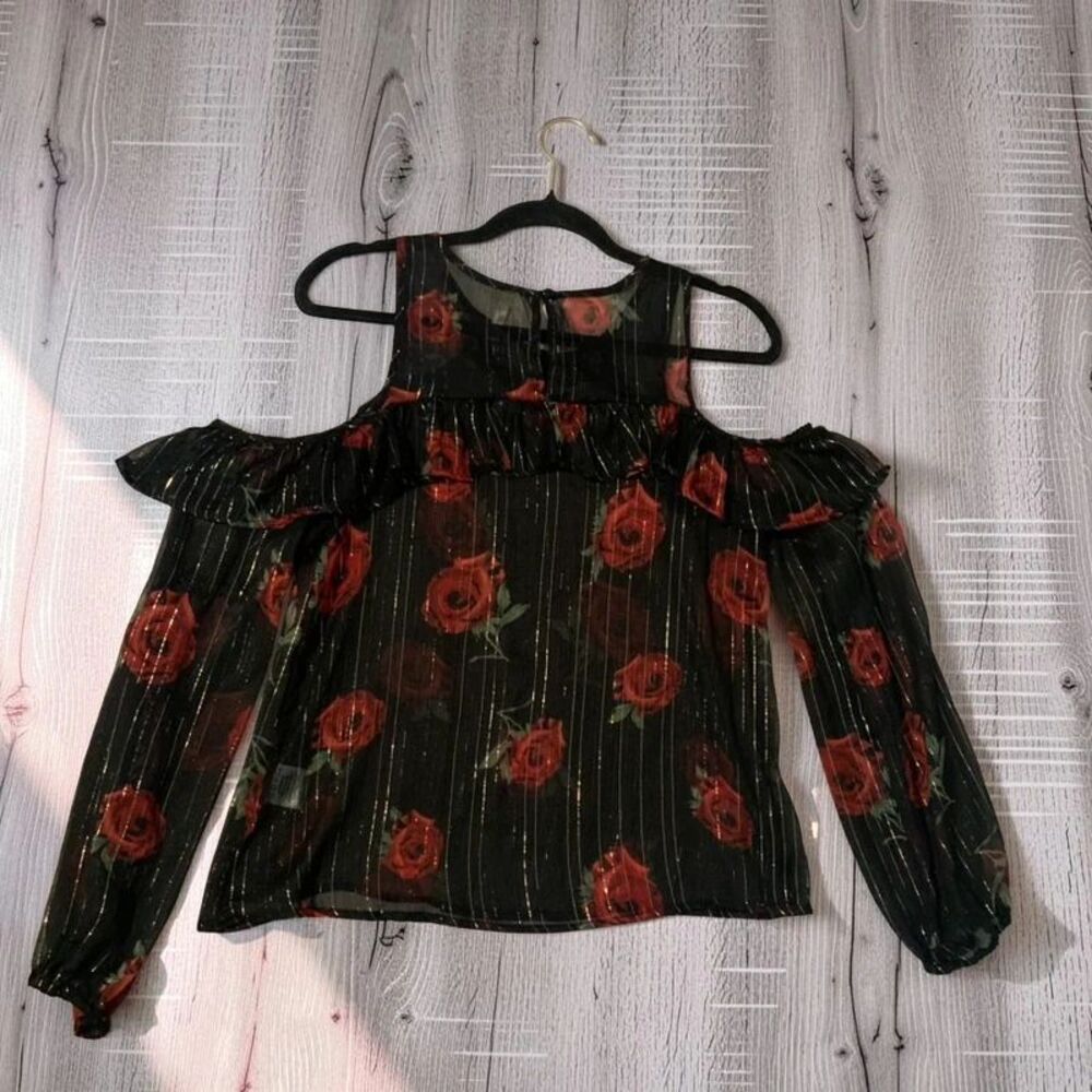 🥀 Florever Blossoming Blouse -Whimsigoth Rose Mesh Cold-Shoulder Top (Size M)